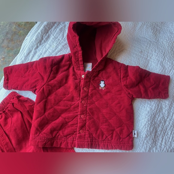 Vintage 90s baby 2 piece Red Quilted Corduroy Penguin Outfit : Jacket + Pants - Picture 4 of 16